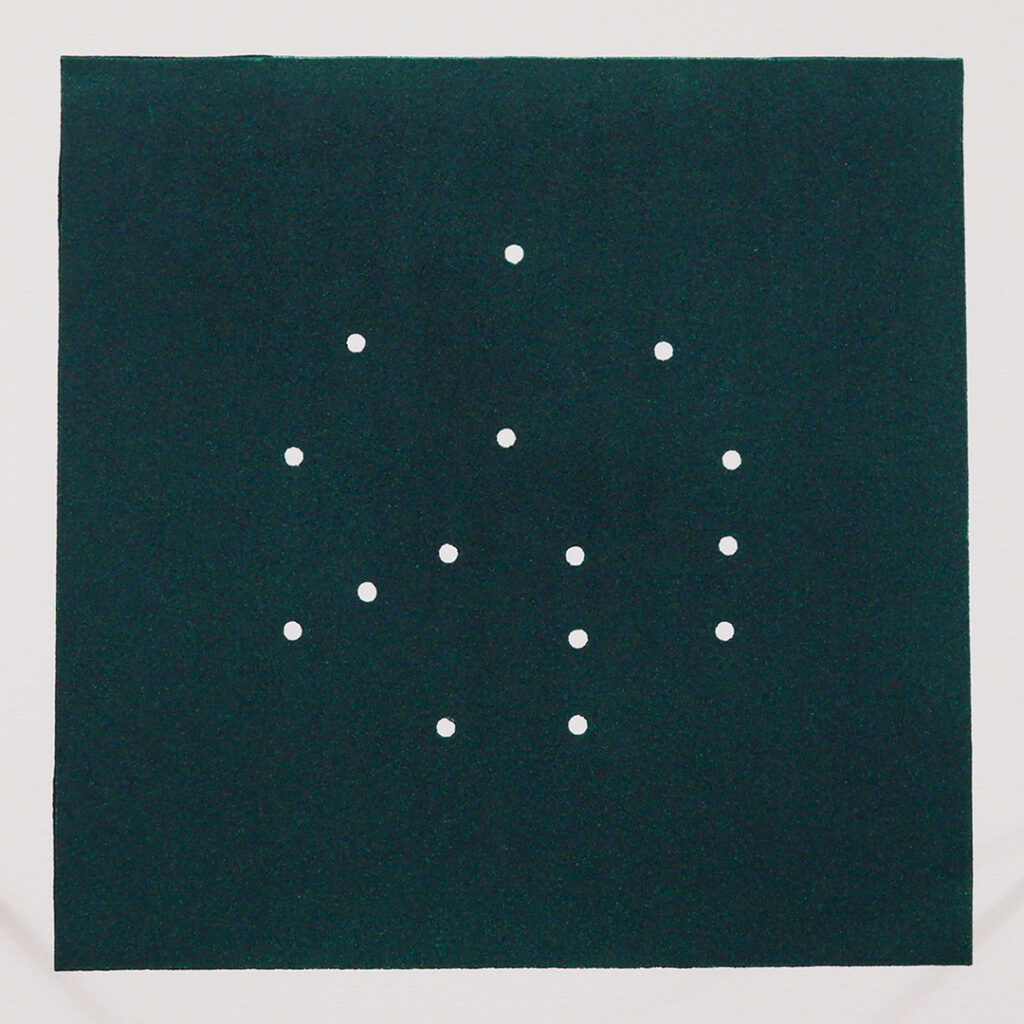 Entropy as familiar: dots drilled into lino resolve into a die. Diceware in reverse, where the familiar gains entropy as a passphrase.