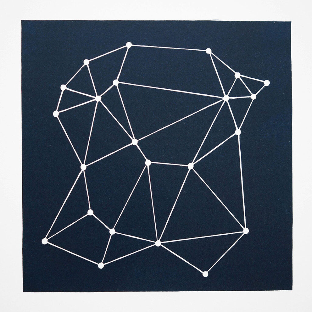 Lino print with lines and drilled holes forming a distributed network, interconnected nodes working together to share resources.