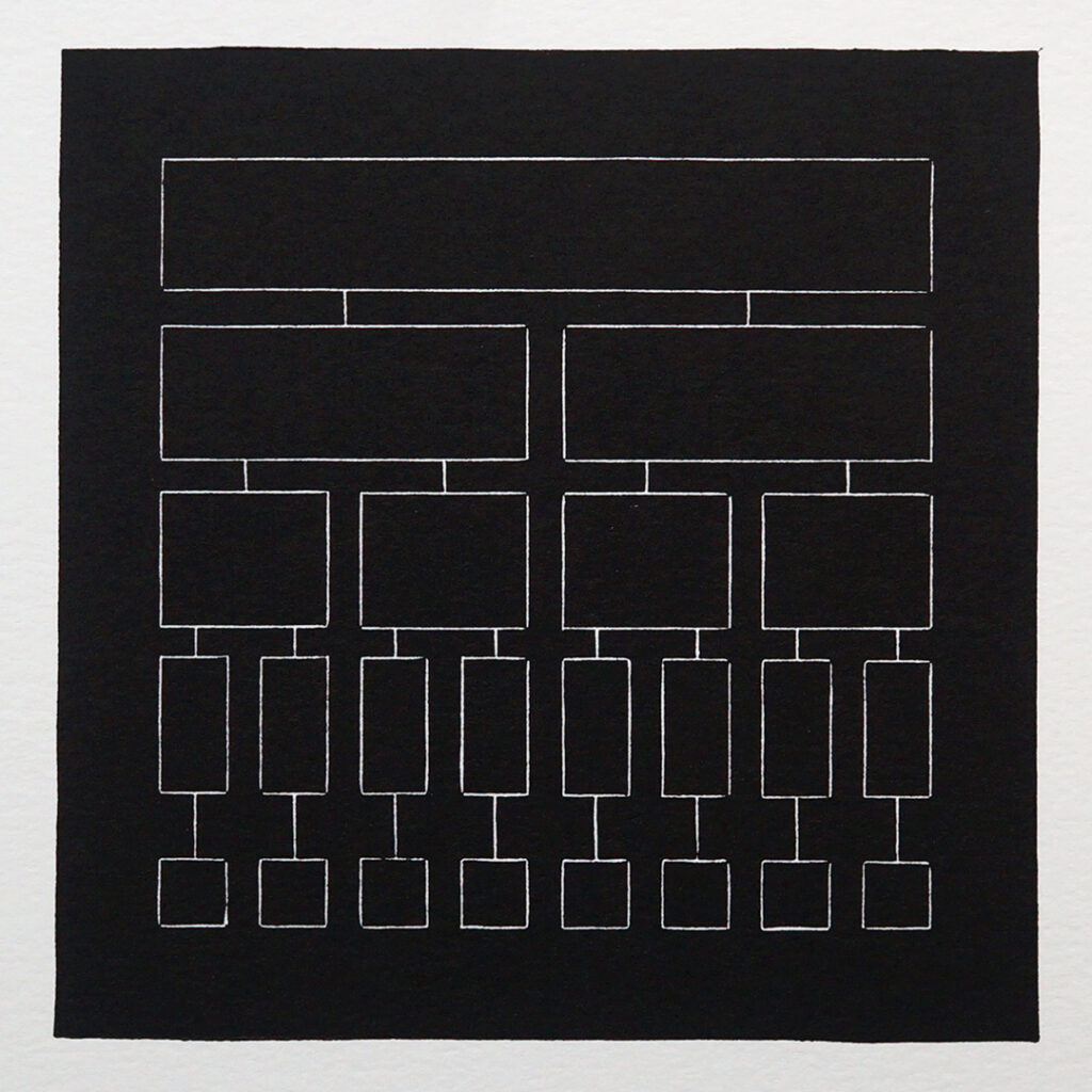 A Merkle tree inspired handmade linocut print. This minimalist black-and-white artwork explores cryptography, computer science, and algorithmic structures.