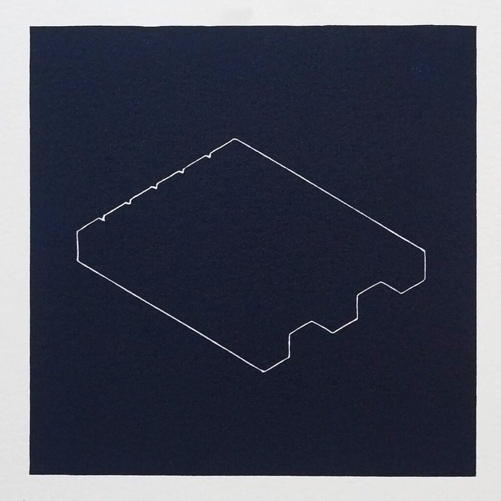 Silhouette of a europallet in isometric view, linoprint in prussian blue ink on paper, an everyday object abstracted and isolated.