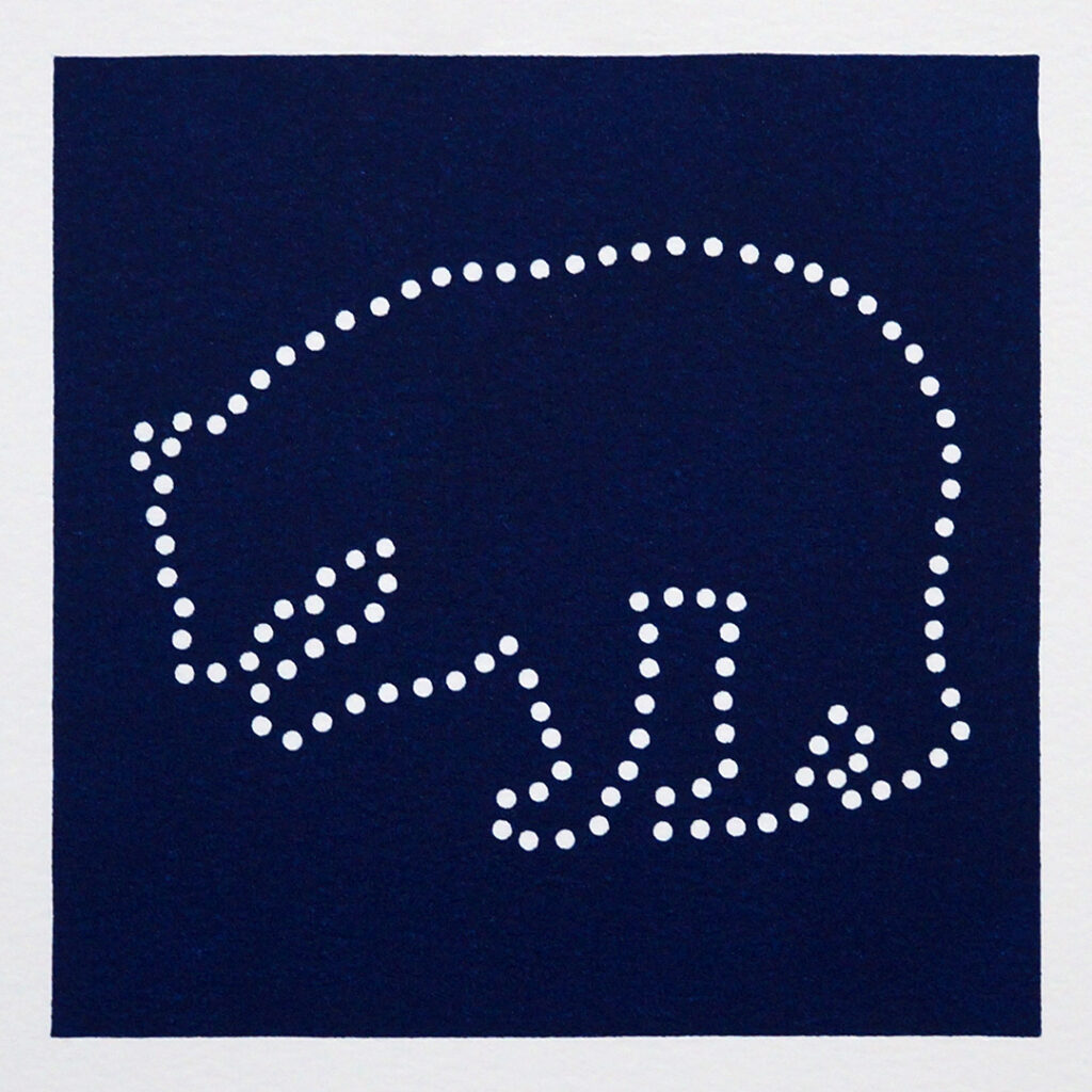 A bear formed from drilled holes, each point distinct yet part of a whole. Lino print for Ursus housing co-operative.